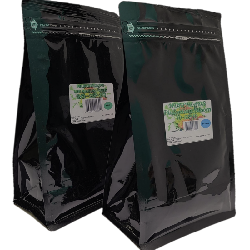 Two black resealable bags with product labels displayed.