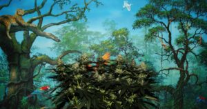 A vibrant bird in a lush green forest with a blue sky backdrop.