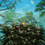 A vibrant butterfly garden with a white butterfly in flight.