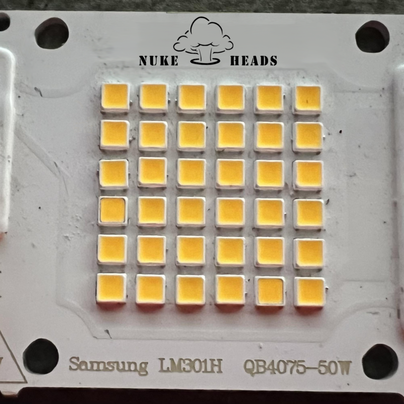 Close-up of a Samsung LED chip with multiple yellow light emitters.
