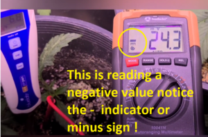 Multimeter showing negative value reading.