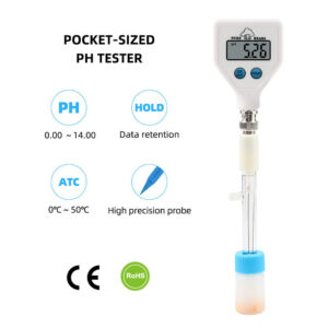 Pocket-sized digital pH and TDS tester with LCD screen and sensor probe.