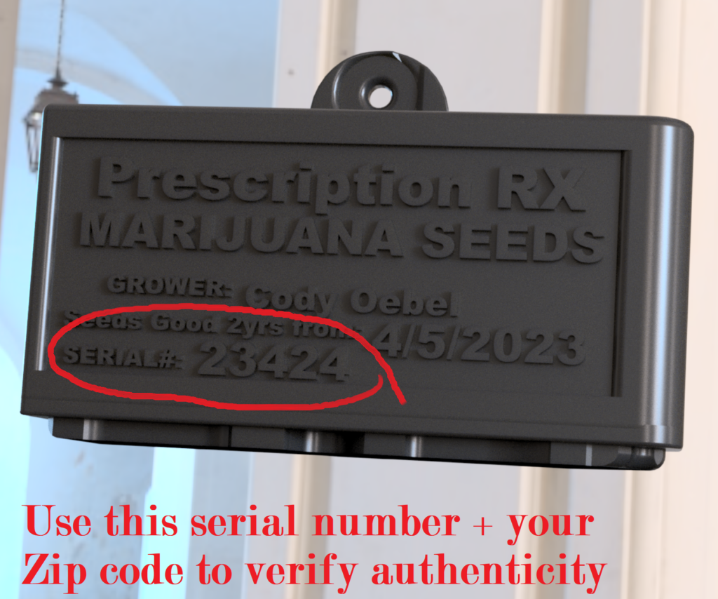 Close-up of a marijuana prescription label with a serial number.