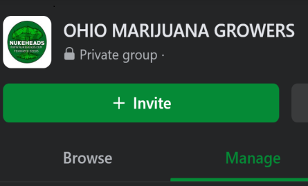 Screenshot of a private Facebook group titled 'OHIO MARIJUANA GRO' with an invite button.