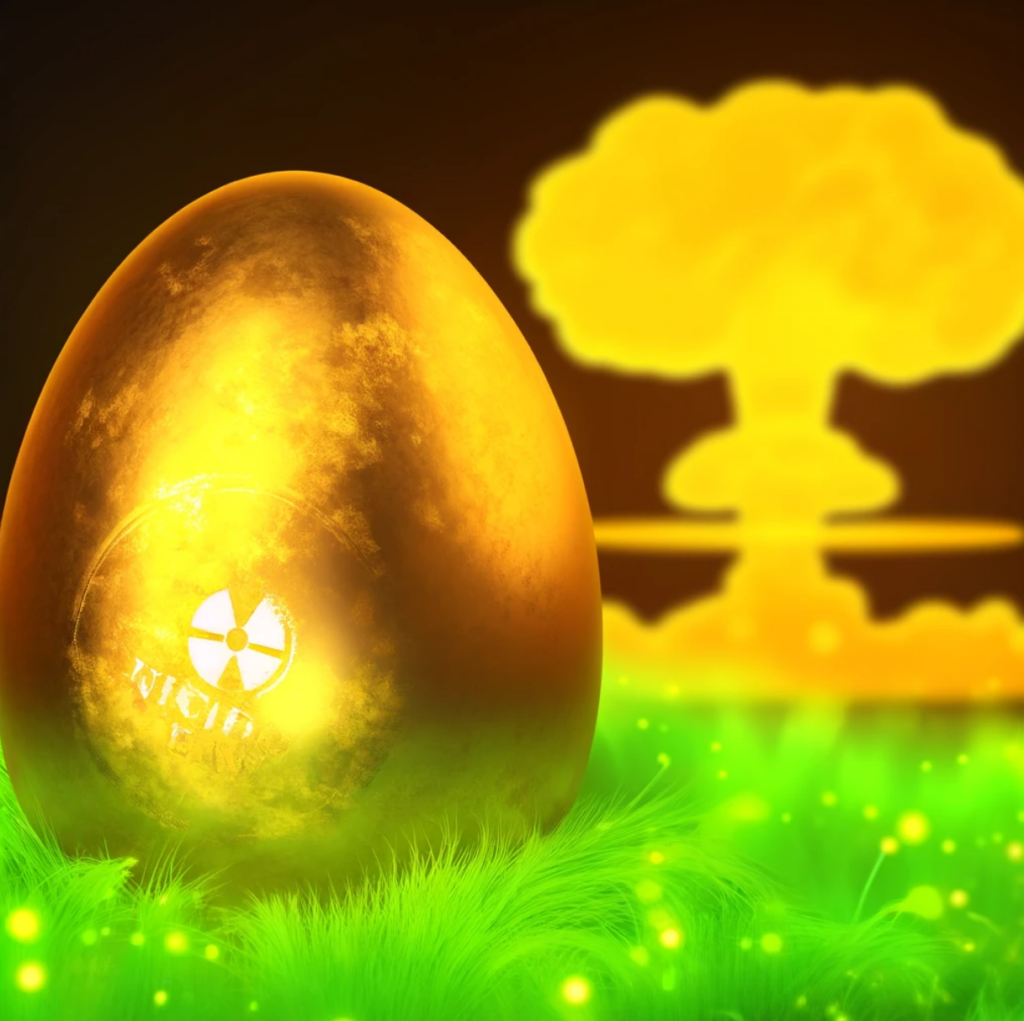 A glowing golden egg with a nuclear explosion in the background.
