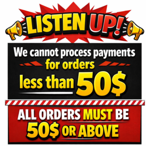 Notice about payment processing for orders below 50 dollars.