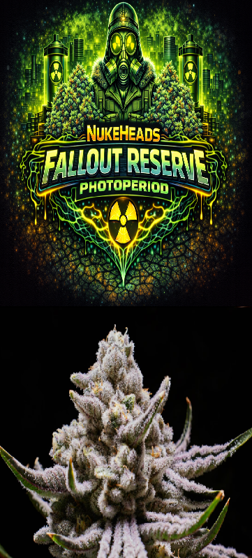Logo of Fallout Reserve Photoperiod and a close-up of a frosty cannabis bud.