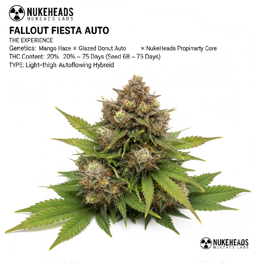 Close-up of dense, resinous cannabis buds with broad leaves, labeled 'Fallout Fast Auto'.