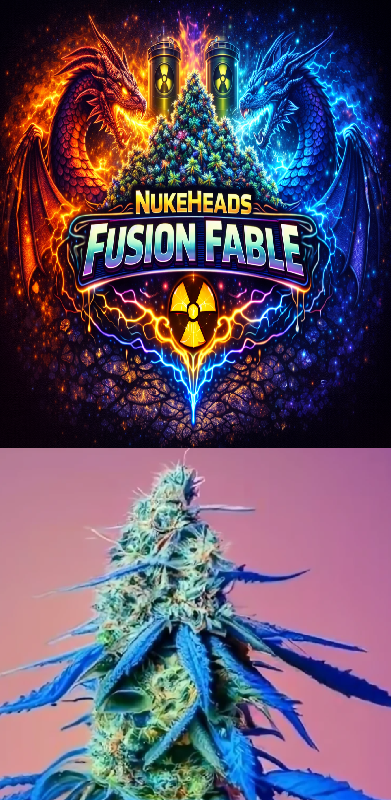 Colorful North Legend Fusion Fable logo above a close-up of a cannabis bud.