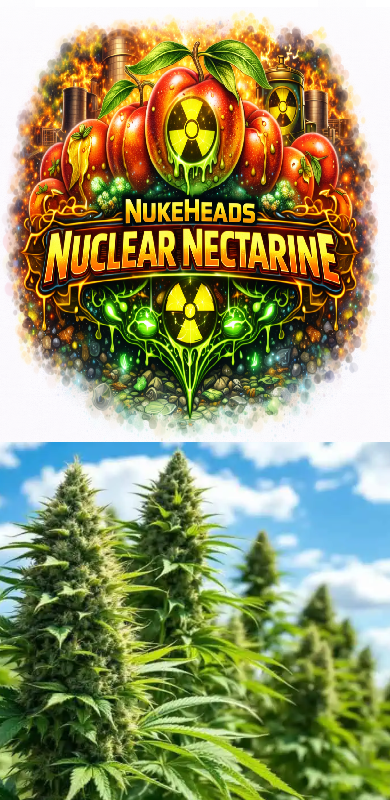 Vibrant logo for Nuclear Nectarine over a lush cannabis plant background.