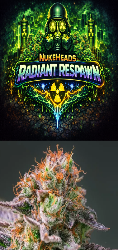 Vibrant cannabis bud with Radiant Respawn logo above.