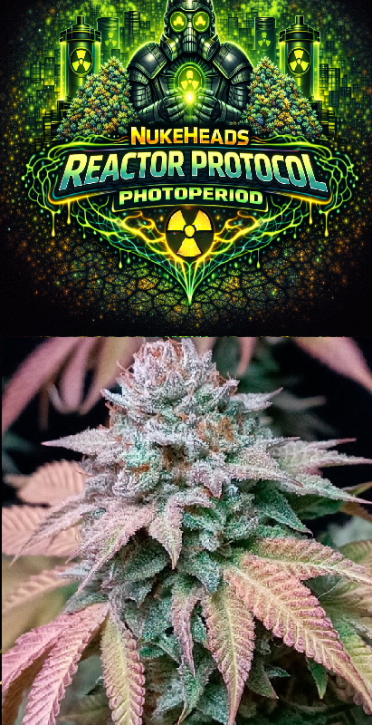 Close-up of a frosty cannabis bud with a colorful, glowing logo above it.
