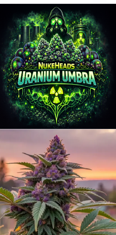 Close-up of a cannabis bud under a glowing green title 'Nuke Heads Uranium Umbra'.