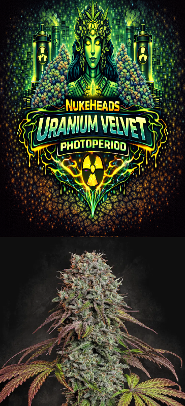 Colorful Uranium Velvet Photoperiod cannabis bud with vibrant logo.