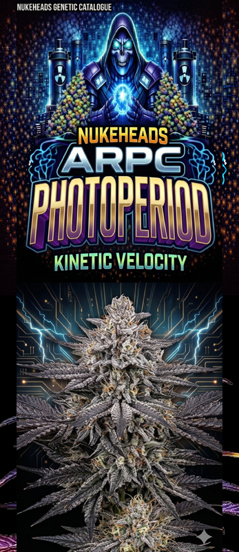 A vibrant poster for ARPC Photoperiod Kinetic Velocity featuring a glowing cannabis bud.